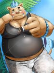 2024 absurd_res anthro belly big_belly blush bottomwear brown_body brown_fur bulge clothing fur gouryou hi_res humanoid_hands inunodaidokoro kemono lifewonders male mammal palm_tree plant shirt shorts solo suid suina sus_(pig) swimwear tokyo_afterschool_summoners topwear tree wild_boar