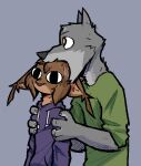 anthro bite biting_another brown_body brown_fur canid canine canis clothing digital_drawing_(artwork) digital_media_(artwork) duo felid feline fur green_clothing green_shirt green_topwear grey_background grey_body grey_fur hoodie lynx male mammal marc_(theblueberrycarrots) purple_clothing purple_hoodie purple_topwear shirt simple_background theblueberrycarrots topwear wolf yellow_eyes