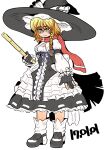  1girl bags_under_eyes black_dress black_footwear black_gloves black_headwear blonde_hair bow braid breasts broom center_frills cleavage cleavage_cutout closed_mouth clothing_cutout commentary_request cookie_(touhou) dated dress expressionless frilled_dress frilled_hat frilled_sleeves frills full_body gloves hair_between_eyes hair_bow hat hat_bow highres holding holding_broom kirisame_marisa long_bangs long_hair looking_afar mars_(cookie) mary_janes medium_breasts messy_hair partially_fingerless_gloves purple_bow purple_ribbon red_scarf ribbon scarf shoes side_braid simple_background single_braid socks solo standing tetugakuzonbi touhou two-tone_dress white_background white_bow white_dress white_socks witch_hat yellow_eyes 