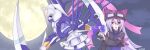  2girls armor blue_eyes cropped_jacket dianamon digimon digimon_story:_sunburst_and_moonlight digivice full_moon goggles goggles_on_head helmet highres holding holding_scythe long_hair moon multiple_girls purple_eyes purple_hair purple_headwear riho_funakubo sayo_(digimon) scythe 