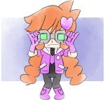  1girl black_bodysuit bodysuit braid gloves hair_ornament hands_on_eyewear heart heart_hair_ornament long_hair low_twin_braids lowres official_art orange_hair penny_crygor purple_footwear purple_gloves takeuchi_kou third-party_source tinted_eyewear twin_braids warioware warioware:_get_it_together! 