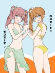  2girls barefoot beach bikini blue_eyes brown_hair highres holding_hands incest long_hair looking_at_viewer multiple_girls navel open_mouth original sand siblings sisters standing swimsuit take_your_pick translated twintails water yuri 