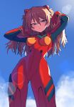  1girl :/ absurdres arms_up blue_hair blue_sky bodysuit cloud from_below hair_between_eyes hands_in_hair hands_in_own_hair highres interface_headset looking_at_viewer narrowed_eyes neon_genesis_evangelion orange_hair outdoors pilot_suit plugsuit red_bodysuit sky slammo solo souryuu_asuka_langley thick_thighs thighs 