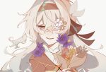 1girl 36x_39 black_ribbon bouquet brown_hairband brown_jacket collared_jacket crying crying_with_eyes_open dress firefly_(honkai:_star_rail) flower grey_eyes grey_hair hair_between_eyes hair_ornament hair_over_one_eye hair_ribbon hairband holding holding_bouquet honkai:_star_rail honkai_(series) jacket leaf leaf_hair_ornament long_hair long_sleeves looking_to_the_side open_mouth orange_flower orange_rose pink_flower purple_flower red_flower ribbon rose simple_background smile solo tears teeth tongue upper_body white_background white_dress 