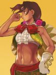  1girl bare_shoulders brown_hair crop_top dark-skinned_female dark_skin flower gloves green_vest hair_flower hair_ornament hat highres lily_hawk mexican_clothes midriff official_alternate_costume official_alternate_hairstyle print_vest smile solo sombrero street_fighter street_fighter_6 vest white_gloves yellow_background yuenibushi 
