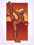  1girl absurdres anklet armlet ass barefoot bikini blue_eyes border bracelet breasts commentary dark-skinned_female dark_skin earrings elena_(street_fighter) full_body highres jewelry looking_at_viewer medium_breasts neck_ring short_hair shoulder_blades smile solo standing standing_on_one_leg strapless strapless_bikini street_fighter street_fighter_iii_(series) sunset swimsuit thighs very_dark_skin vj99 white_border white_hair 