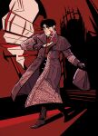  1boy absurdres ascot bag black_coat black_hair blood blood_on_clothes blood_on_face coat daniil_dankovsky full_body highres holding holding_bag holding_knife knife littlemushroomboi male_focus mature_male mole mole_under_eye pathologic pathologic_2 red_ascot red_theme short_hair solo tower 