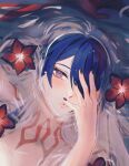  1girl acheron_(honkai:_star_rail) aoiabyss black_nails blue_hair commentary_request flower hand_up highres honkai:_star_rail honkai_(series) nail_polish neck_tattoo partially_submerged purple_eyes red_flower solo tattoo water 