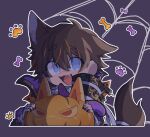 ambiguous_gender animal_humanoid blue_eyes bone canid canid_humanoid canine canine_humanoid chibi facial_scar fangs footprint garu_(nu:_carnival) hi_res human_and_animal_ears humanoid inner_ear_fluff jack-o&#039;-lantern kinnencarnivaru mammal mammal_humanoid multi_ear nu:_carnival one_ear_up open_mouth pawprint prick_ears scar solo spider_web tail teeth tuft wolf_humanoid