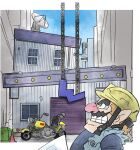  1boy blue_shirt blue_sky brown_hair building clenched_teeth facial_hair from_side hard_hat helmet looking_up motor_vehicle motorcycle mustache official_art pointy_ears satellite_dish shirt sky takeuchi_kou teeth thick_eyebrows third-party_source wario warioware warioware:_get_it_together! 
