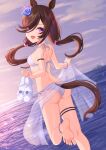  1girl animal_ears ass barefoot bikini blue_sky blush breasts brown_hair commentary feet highres holding holding_clothes holding_footwear holding_sandals horse_ears horse_girl horse_tail long_hair ocean outdoors philo_324 purple_eyes rice_shower_(umamusume) sky small_breasts smile soles solo standing standing_on_one_leg swimsuit tail thigh_strap toes twintails umamusume water white_bikini 