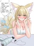  1girl absurdres aged_up alternate_language animal_ear_fluff animal_ears arknights bare_arms bare_shoulders blonde_hair blush breasts cleavage collarbone english_text fox_ears fox_girl fox_tail green_eyes hair_dryer heart highres leaning_forward long_hair looking_at_viewer medium_breasts naked_towel runyo_(yale12312) simple_background smile solo suzuran_(arknights) tail towel very_long_hair wet white_background 