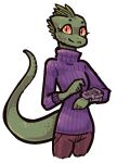 alpha_channel anthro biped clothing female fingers green_body jam_(artist) purple_clothing purple_sweater purple_topwear scalie simple_background solo sweater tail topwear transparent_background turtleneck