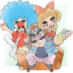  1girl 2boys blue_hair bow brown_hair cleft_chin clenched_teeth facial_hair fingerless_gloves gloves hair_bow jacket jimmy_t joy-con lulu_(warioware) multiple_boys mustache official_art pants pink_pants pointy_ears red_jacket sunglasses takeuchi_kou teeth thick_eyebrows third-party_source wario warioware warioware:_get_it_together! white_pants yellow_gloves 