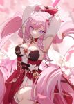  1girl absurdres arms_behind_head blurry braid branch breasts chinese_clothes cleavage clothing_cutout commentary_request cowboy_shot depth_of_field dress elf elysia_(honkai_impact) elysia_(peachy_spring)_(honkai_impact) falling_petals flower hair_between_eyes hair_flower hair_ornament hair_ribbon highres honkai_(series) honkai_impact_3rd lexingrakukouu long_hair looking_at_viewer petals pink_hair pointy_ears puffy_sleeves purple_eyes red_dress red_flower red_ribbon ribbon see-through see-through_sleeves single_braid smile solo symbol-shaped_pupils very_long_hair white_flower 
