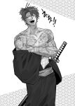  1boy arm_tattoo bandages chest_tattoo closed_eyes crossed_arms hair_ornament hair_stick heathcliff_(project_moon) highres japanese_clothes katana kimono korean_commentary limbus_company monochrome muscular muscular_male nyak_138 open_mouth ponytail project_moon sash scar scar_across_eye scar_on_arm scar_on_chest scar_on_face scar_on_mouth scar_on_neck seigaiha sheath sheathed short_hair smile solo standing sword tattoo topless_male weapon 