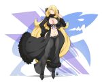  1girl absurdres bayeuxman black_coat black_pants blonde_hair breasts coat cynthia_(pokemon) female_pubic_hair full_body fur-trimmed_coat fur-trimmed_sleeves fur_collar fur_trim grey_eyes hair_over_one_eye hand_on_own_hip highres large_breasts long_hair navel pants pokemon pokemon_dppt pubic_hair solo standing very_long_hair 