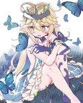  antenna_hair blonde_hair blue_dress blush bug butterfly chest_tattoo commission dress elf flower grass green_eyes highres multicolored_hair open_mouth original outdoors pointy_ears satomachi sitting star_(sky) star_(symbol) star_print tattoo two-tone_hair vivi_(ac8231) white_flower 