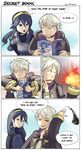  1boy 1girl 4koma blue_eyes blue_hair book comic explosion fire fire_emblem fire_emblem:_kakusei lucina my_unit my_unit_(fire_emblem:_kakusei) nintendo parody stupjam super_smash_bros. sweatdrop white_hair 