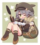  1girl ;d animal_ears animal_hat bag black_gloves black_shorts black_socks blush book breasts brown_footwear brown_headwear cabbie_hat commentary_request fake_animal_ears gloves green_eyes grey_background grey_hair hair_between_eyes hat highres holding holding_book knees_up long_sleeves looking_at_viewer luluca_(world_flipper) naga_u one_eye_closed quill shirt shoes short_shorts shorts sitting small_breasts smile socks solo starry_background two-tone_background white_background white_shirt world_flipper 