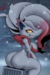 absurd_res anthro arched_back big_butt big_hair bubble_butt butt canid canine crate evil_grin female fox fur hair hi_res hisuian_form hisuian_zoroark humanoid mammal mobian_monster nintendo pokemon pokemon_(species) red_body red_fur regional_form_(pokemon) sharp_teeth sitting smile snout snowstorm solo teeth thick_thighs white_body white_fur yellow_eyes