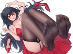  1girl ahoge ass azur_lane black_hair black_thighhighs blush breasts chinese_commentary choker cocktail_dress collarbone commentary_request commission crossed_bangs dress feet feet_up fingernails foot_focus foreshortening from_above garter_straps hair_between_eyes hair_ornament high_heels highres large_breasts legs legs_up long_fingernails long_hair looking_at_viewer lying no_shoes official_alternate_costume on_back one_side_up parted_lips pixiv_commission pumps qizhu red_choker red_dress red_eyes red_footwear simple_background sleeveless sleeveless_dress smile soles solo taihou_(azur_lane) taihou_(forbidden_feast)_(azur_lane) teeth thighhighs thighs toes unworn_footwear very_long_hair white_background 