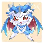  blue_skin chibimon colored_skin cosplay digimon digimon_(creature) highres hood hoodie looking_at_viewer no_humans open_mouth red_eyes shingetsu_(doru0222) simple_background smug ulforcev-dramon ulforcev-dramon_(cosplay) watermark wings yellow_background 