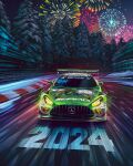  absurdres andrew_mytro car english_commentary fireworks getspeed_performance glowing gran_turismo highres intercontinental_gt_challenge mercedes-benz mercedes-benz_amg_gt motion_blur motor_vehicle night no_humans nurburgring official_art promotional_art race_vehicle racecar spoiler_(automobile) sponsor tree vehicle_focus 