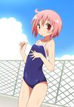  chain-link_fence competition_school_swimsuit covered_navel fence mel_(melty_pot) nonohara_yuzuko one-piece_swimsuit pink_eyes pink_hair school_swimsuit short_hair standing swimsuit wet yuyushiki 