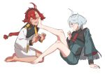  2girls ahoge angry arm_support bare_legs barefoot black_hairband blush closed_eyes dark-skinned_female dark_skin facing_viewer feet foot_on_another&#039;s_face frown green_jacket green_shorts gundam gundam_suisei_no_majo hair_between_eyes hairband hand_up hands_up highres jacket leg_up legs long_hair long_sleeves looking_at_another miorine_rembran multiple_girls necktie no_legwear open_mouth ponytail profile r_bishh red_hair red_necktie seiza shorts simple_background sitting soles suletta_mercury thick_eyebrows toes track_jacket white_background white_hair white_jacket white_shorts wide_sleeves yellow_necktie yuri 