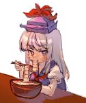  1girl arm_on_table blue_dress blue_headwear blush bow bowl chopsticks commentary_request dress eating grey_hair hat hat_bow holding holding_chopsticks kamishirasawa_keine long_hair multicolored_hair neckerchief puffy_short_sleeves puffy_sleeves red_bow red_neckerchief scribble scroll shirt short_sleeves shouxishao_jiuyuan sideways_glance simple_background solo streaked_hair sweatdrop table touhou white_shirt 