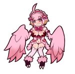  1girl absurdres ahoge animal_feet bare_shoulders blush breasts commentary_request feathered_wings feathers harpy heart highres jubjub_(monster_girl_encyclopedia) looking_at_viewer monster_girl monster_girl_encyclopedia navel nuggets_(cokekock) pink_feathers pink_hair pink_thighhighs pink_wings red_eyes short_hair simple_background solo talons thighhighs white_background winged_arms wings 