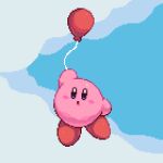  :o arm_up balloon blue_eyes blue_sky blush blush_stickers cloud commentary day english_commentary floating highres kirby kirby_(series) looking_at_viewer no_humans open_mouth outdoors pixel_art pixel_pit sky solo 