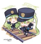  2girls black_footwear black_hat blue_archive blush boots character_request chibi fang full_body gloves green_hair hair_between_eyes halo hat highres holding holding_tablet_pc long_hair long_sleeves looking_at_viewer multiple_girls nuudoru open_mouth orange_eyes pantyhose pointy_ears railroad_tracks shorts simple_background skin_fang skirt standing tablet_pc twintails very_long_hair white_background 