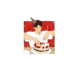  1boy brown_hair cake chengongzi123 closed_mouth confetti cutting english_text food fork hands_up happy_birthday hat highres holding holding_fork holding_knife knife kogure_kiminobu licking_lips looking_at_food male_focus party_hat plate red_background short_hair simple_background slam_dunk_(series) tongue tongue_out upper_body very_short_hair 