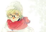 1boy absurdres beanie blonde_hair blue_eyes closed_mouth commentary_request crying crying_with_eyes_open fasna glasses green_eyes hat highres jacket looking_at_viewer male_focus original red_scarf scarf short_hair solo tears upper_body white_background white_hat white_jacket 