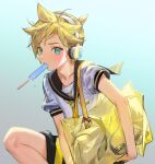  1boy bag black_sailor_collar black_shorts blonde_hair blue_background blue_eyes blush food food_in_mouth from_side headphones holding holding_bag kagamine_len knee_up light_frown looking_at_viewer male_focus naoko_(naonocoto) necktie parted_lips popsicle popsicle_in_mouth sailor_collar shirt short_hair short_ponytail shorts shoulder_bag simple_background solo summer upper_body vocaloid white_shirt yellow_bag yellow_necktie 