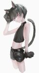  1boy absurdres animal_ears animal_hands bare_shoulders belly belt black_cat black_hair black_shorts blush cat cat_ears cat_tail crop_top embarrassed from_side frown hand_on_own_head head_down highres kumagai_yuka leash looking_at_viewer male_focus navel original parted_lips pink_eyes shiny_clothes short_hair shorts simple_background solo tail upper_body 