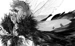  1boy au_(d_elete) black_hands blood blood_on_clothes blood_on_face cape collared_shirt diamond_hairband fate/grand_order fate_(series) fingernails from_side fur-trimmed_cape fur_trim greyscale grin hair_between_eyes hair_floating_upwards head_tilt highres insect_wings looking_at_viewer male_focus monochrome oberon_(fate) oberon_(third_ascension)_(fate) open_mouth shirt simple_background smile solo teeth torn_wings upper_body wings 