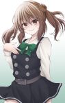  1girl belt blush bow bowtie breasts brown_eyes brown_hair cowboy_shot double_bun dress gradient_background green_background green_bow green_bowtie hair_bun hand_on_own_chest highres kantai_collection light_brown_hair long_hair long_sleeves michishio_(kancolle) open_mouth pinafore_dress ryouki_(34388923) school_uniform shirt short_hair short_twintails simple_background sleeveless sleeveless_dress small_breasts smile solo twintails white_background white_shirt 