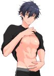  1boy abs black_shirt blue_hair clothes_lift ensemble_stars! hair_between_eyes hand_on_own_chest hand_on_own_stomach highres looking_down male_focus navel nipples parted_lips pectorals sazanami_jun shirt shirt_lift short_hair short_sleeves simple_background solo tan tanlines toroi_(run01211) upper_body yellow_eyes 