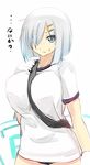  between_breasts blue_eyes breasts gloves gym_uniform hair_ornament hair_over_one_eye hairclip hamakaze_(kantai_collection) kantai_collection large_breasts school_uniform shiki_(psychedelic_g2) short_hair silver_hair solo strap_cleavage sweatdrop white_gloves 