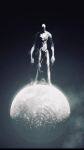  1other bald black_background black_border border crater divine_entity faceless full_moon giant god_(one-punch_man) greyscale highres monochrome moon murata_yuusuke no_eyes no_mouth no_nose one-punch_man planet solo space standing 