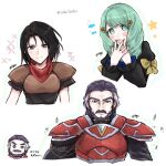  1boy 2girls armor beard black_hair commentary_request duessel_(fire_emblem) facial_hair fire_emblem fire_emblem:_the_sacred_stones fire_emblem:_thracia_776 fire_emblem:_three_houses fire_emblem_engage flayn_(fire_emblem) green_eyes green_hair highres looking_at_viewer mareeta_(fire_emblem) misato_hao multicolored_hair multiple_girls mustache pauldrons purple_eyes purple_hair red_armor shoulder_armor two-tone_hair wrinkled_skin 