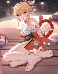  1girl :d absurdres arm_tattoo bandaged_leg bandages bare_legs barefoot black_sash blonde_hair breasts chest_sarashi chest_tattoo choker commentary_request feet foot_focus foreshortening genshin_impact highres japanese_clothes kimono looking_at_viewer obi open_mouth orange_kimono ponytail radoremo red_choker sarashi sash short_hair single_bare_shoulder smile soles solo tattoo thighs toes yellow_eyes yoimiya_(genshin_impact) 