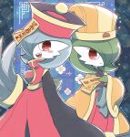  2girls alternate_color blue_hair bob_cut chinese_clothes colored_skin cosplay floral_print gardevoir green_hair hair_over_one_eye hanfu hat lei_lei lei_lei_(cosplay) lin-lin lin-lin_(cosplay) looking_at_viewer multiple_girls ofuda open_mouth pink_eyes poke_ball pokemon pokemon_(creature) shiny_pokemon smile vampire_(game) white_skin yuki_min_30 