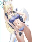  1girl absurdres animal_ear_fluff animal_ears ass_visible_through_thighs bikini black_gloves blonde_hair blue_archive blue_bikini blue_eyes blue_halo blush breasts clenched_teeth extra_ears gloves hair_over_one_eye halo highres joacy kanna_(blue_archive) large_breasts long_hair navel sharp_teeth simple_background solo spoken_squiggle squiggle swimsuit teeth thighs wet white_background 