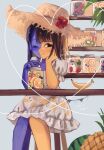  1girl blue_skin colored_skin dress drinking_straw ena_(joel_g) ena_(series) food fruit hat highres mezo_pink multicolored_skin on_chair simple_background solo straw_hat two-tone_skin white_dress yellow_skin 