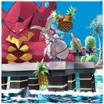  banana basket claws cloud commentary_request day finneon fish food fruit greninja highres holding how_long looking_down magearna no_humans outdoors palm_tree pineapple pokemon pokemon_(creature) sky tongue tree trembling volcanion water 