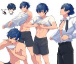  1boy abs bare_shoulders black_necktie blue_hair chibi clothes_lift eating ensemble_stars! from_side groin hair_between_eyes highres holding holding_plate light_blush light_frown looking_up male_focus multiple_views necktie nipples open_clothes open_shirt parted_lips pectorals plate sazanami_jun shirt shirt_lift short_hair simple_background solo teeth toroi_(run01211) undressing upper_body upper_teeth_only white_shirt yellow_eyes 